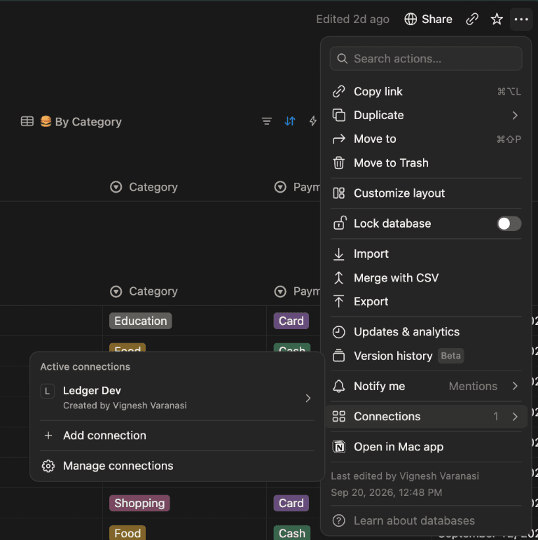 Notion database menu showing Connections and the Ledger integration